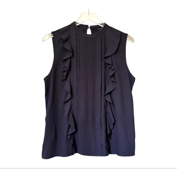 Women's Ann Taylor Navy Ruffle Pleated Sleeveless Blouse M - Picture 2 of 10